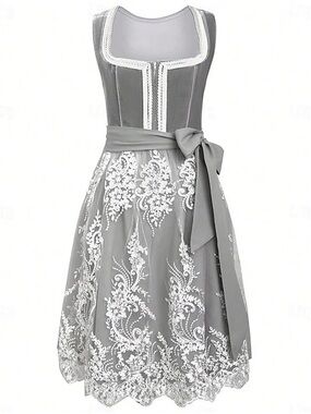 Gray Lace-Embroidered Drindl Dress with Apron